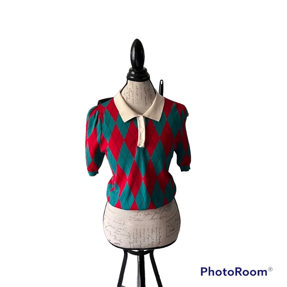 New Retro Argyle Red and Aqua Sweater size Medium